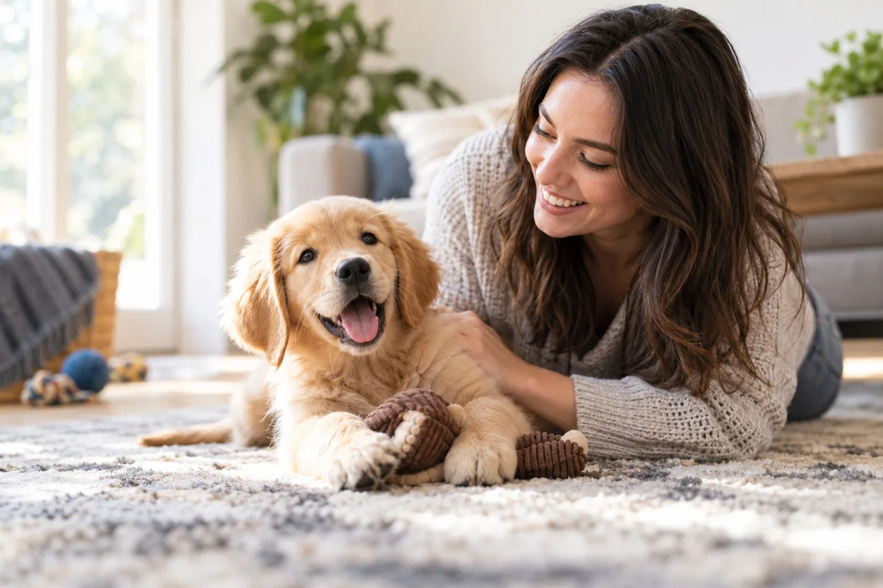 Owner sitting at home beside a golden-colored dog