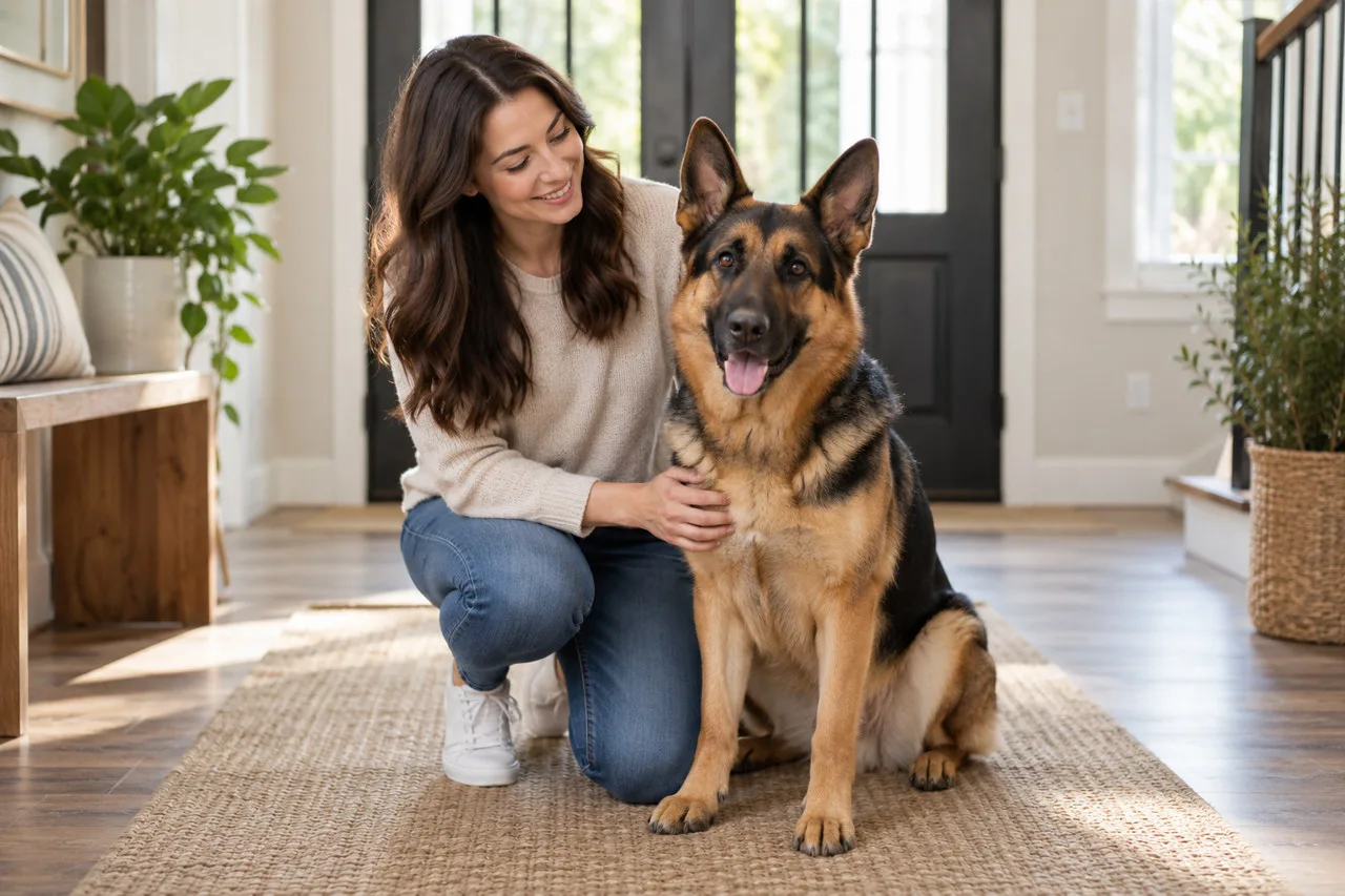 Owner sitting beside a black-and-tan dog